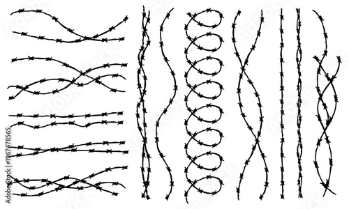 Barbed wire silhouette vector set in horizontal and vertical variations isolated on white. Twisted razor wire  fence and coils in black for security, prison, border, war, restriction, danger concepts.