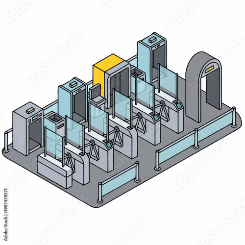 Isometric Airport Security Checkpoint Illustration with Metal Detectors.