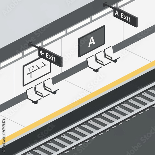 Isometric Subway Platform Illustration with Exit Signs and Seating.