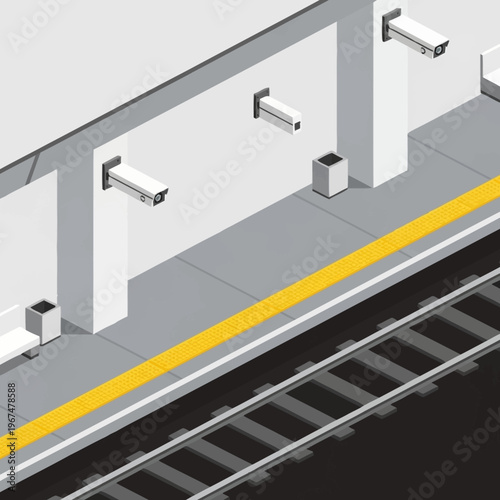 Isometric View of Subway Platform with Security Cameras.