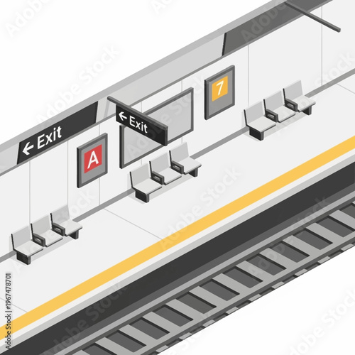 Isometric View of a Subway Platform with Seating and Signage.