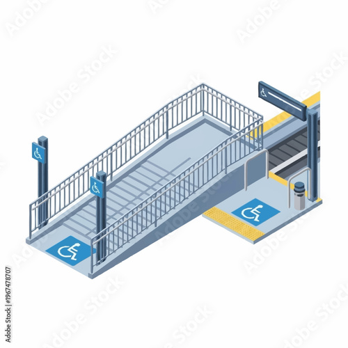 Accessible Pedestrian Overpass with Ramp and Escalator Illustration.