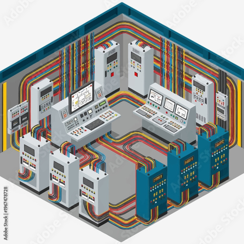 Isometric Control Room Illustration with Wires and Control Panels.