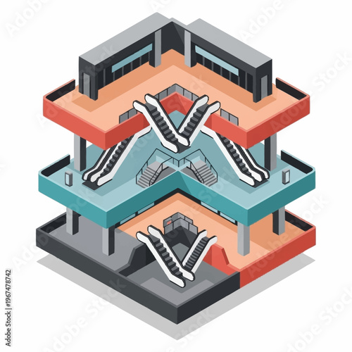 Isometric View of a Multi-Level Shopping Mall with Escalators.