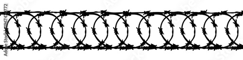 Seamless coiled barbed wire isolated on transparent background. Black silhouette of barbwire border, security fence and prison spirals. Restricted area, no entry concept. Vector design element