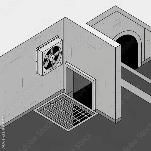 Isometric View of a Ventilation System in a Concrete Structure.