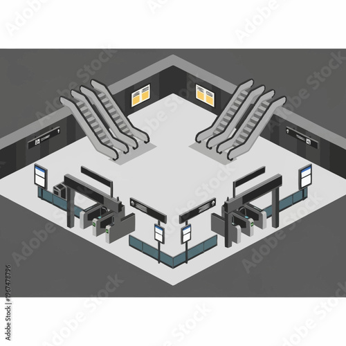 Isometric View of a Subway Station with Escalators and Ticket Booths.