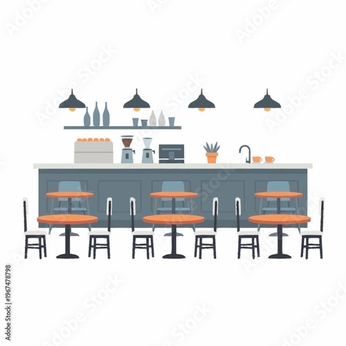 Illustration of a modern cafe interior with tables and chairs.