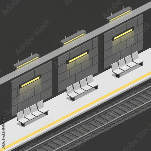 Isometric Subway Platform with Benches and Lighting Fixtures.