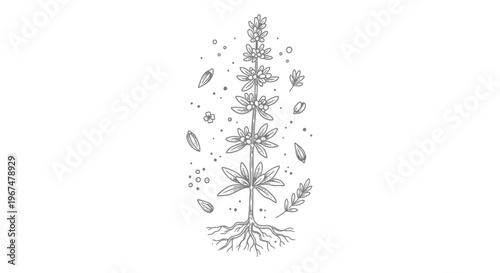 Detailed Pencil Drawing of a Flowering Plant with Roots and Falling Leaves.