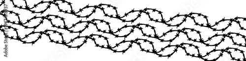 Hand-drawn black silhouette of intertwined barbed wire isolated on transparent background. Twisted diagonal vector barbwire barrier. Security, war, migration issues, restricted area, or danger concept
