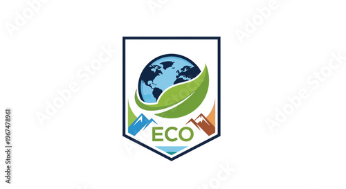 Eco emblem with globe and leaf symbol.