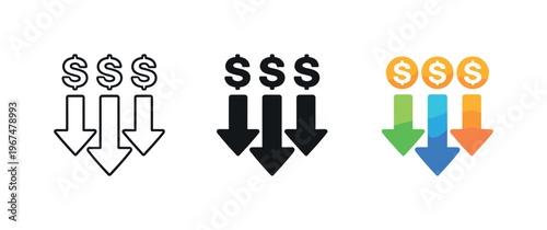 Three downward arrows with dollar signs indicating financial decline or cost reduction