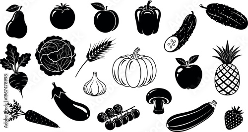 Vector Set of Black Fruit and Vegetable Icons Including Tomato, Cucumber, Pumpkin, Garlic, and More for Healthy Food and Nutrition Designs