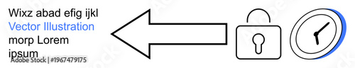 Security systems, time management, navigation, data protection, access control, decision-making. Black arrow pointing left, lock with keyhole clock outline. Security systems and time management