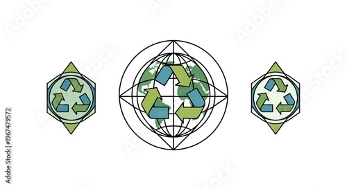 Global recycling symbol with earth illustration and surrounding emblems.