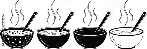 Hot soup bowl icon set with steam and spoon, outline and solid styles food dish vector illustration collection