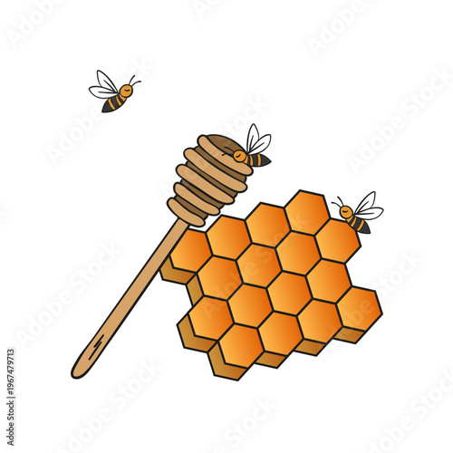 Hand-drawn illustration of honeycomb and flowing honey in a warm and appetizing artistic style. Detailed composition featuring golden honey, hexagonal cells, and natural textures, symbolizing organic 