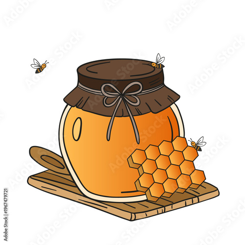 Hand-drawn illustration of honeycomb and flowing honey in a warm and appetizing artistic style. Detailed composition featuring golden honey, hexagonal cells, and natural textures, symbolizing organic 