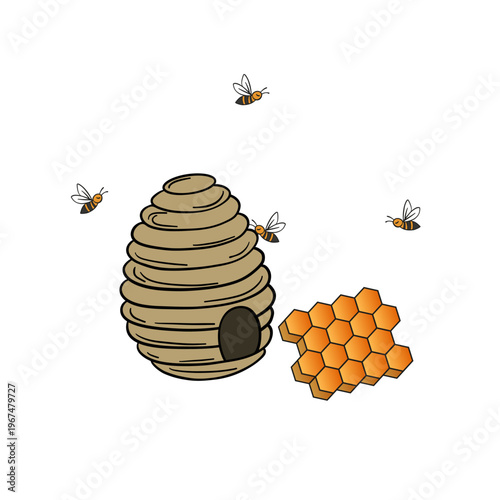 Hand-drawn illustration of honeycomb and flowing honey in a warm and appetizing artistic style. Detailed composition featuring golden honey, hexagonal cells, and natural textures, symbolizing organic 