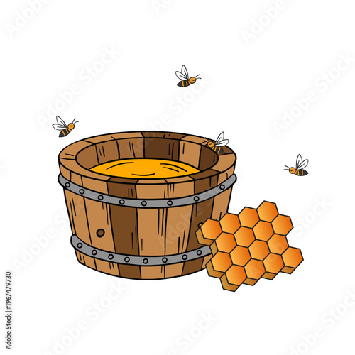 Hand-drawn illustration of honeycomb and flowing honey in a warm and appetizing artistic style. Detailed composition featuring golden honey, hexagonal cells, and natural textures, symbolizing organic 