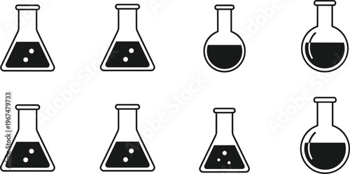 Laboratory flask icon set with chemical glassware, science experiment containers in outline and solid styles vector illustration