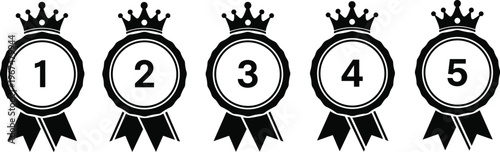Ranking badge icon set with crown and numbers one to five, award ribbon symbols in black vector illustration collection