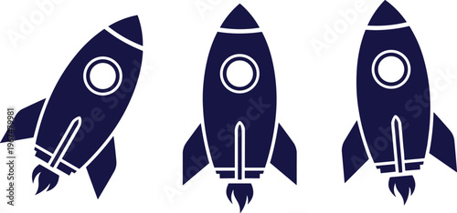 Rocket icon set with launch spaceship symbols, space travel and startup concept in simple flat vector illustration