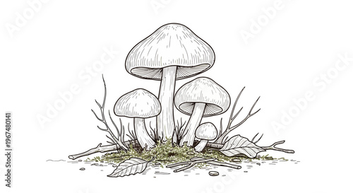 Group of Mushrooms Growing in the Forest Floor Illustration.