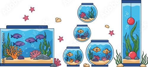 Vector Set of Fish Tanks with Colorful Fish, Coral, Starfish, and Aquatic Decorations for Aquarium, Pet, and Marine Life Designs