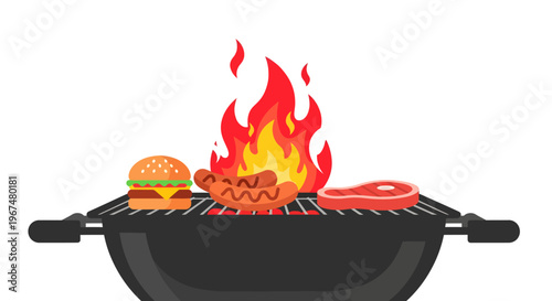 BBQ grill with sizzling hot dogs and hamburger.