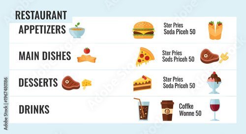 Restaurant menu with food and drink options.