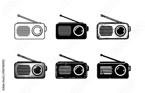Portable radio receiver with antenna and tuning dial used to listen to broadcast music news and talk shows | Create ONE image