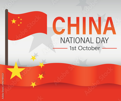 Graphic celebrating China National Day on October 1st featuring the red Chinese flag, yellow stars, and accompanying text vector design on a light background.