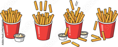 Vector Set of French Fries in Red Packaging with Sauce for Fast Food, Snack, and Restaurant Illustrations