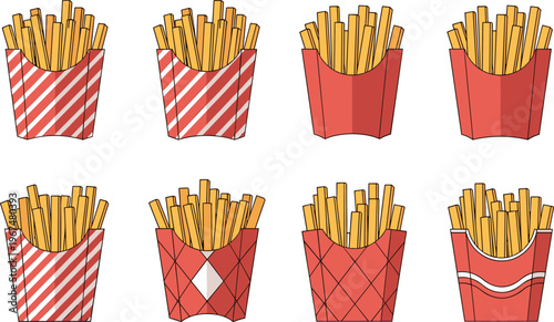 Vector Set of French Fries in Various Red Packaging Designs for Fast Food, Snack, and Restaurant Illustrations
