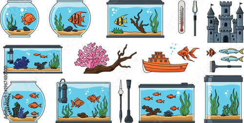 Vector Set of Fish Tanks, Coral, Fish, Thermometer, Aquatic Decorations, and Underwater Castle for Aquarium, Marine Life, and Pet Designs