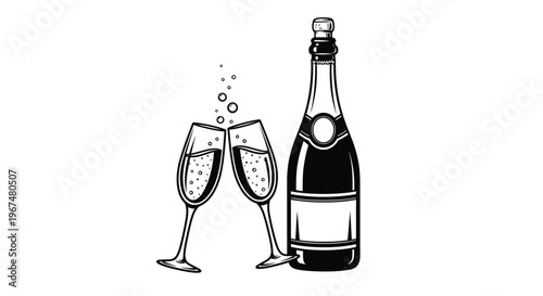 Champagne bottle and two clinking glasses symbolize celebration, toasts, and festive occasions with bubbly effervescence.