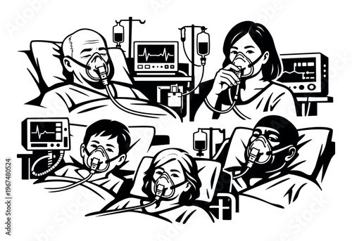 Patients of different ages lying in hospital beds, receiving oxygen therapy and intravenous fluids in a medical facility