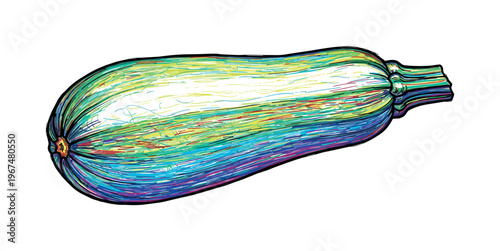 Vibrant, colorful zucchini illustration with a unique, textured appearance