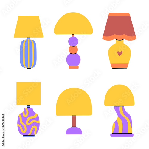 Colorful flat vector illustration set with table lamps of different shapes. Minimalist clip art of interior light, modern indoor decor, electric illumination equipment.