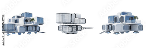 Foto Futuristic sci-fi modular colony 3D illustrations set, contemporary alien planet habitat or space station living modules isolated on white background