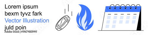 Finance, energy, planning, time management, investments, financial risk. Coin falling next to a blue flame and a calendar. Finance and energy concepts combined with planning ideas