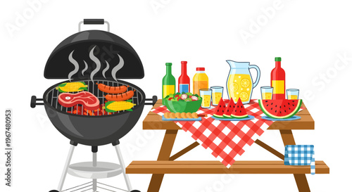 A backyard barbecue with food on a picnic table.