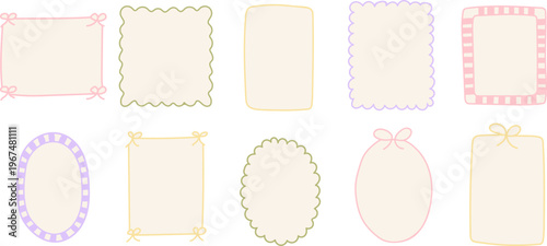 Collection of pastel decorative frames with soft beige fill and hand drawn outlines. Cute ribbon and scalloped borders isolated on transparent background for invitations, cards, branding and templates