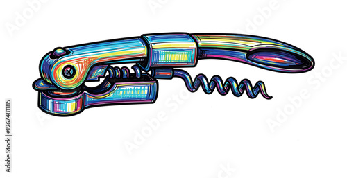 Colorful waiter's corkscrew with a hinged lever and spiral worm