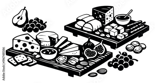 Two charcuterie boards presenting a gourmet selection of cheese, fruit, nuts, and crackers, creating an elegant appetizer spread