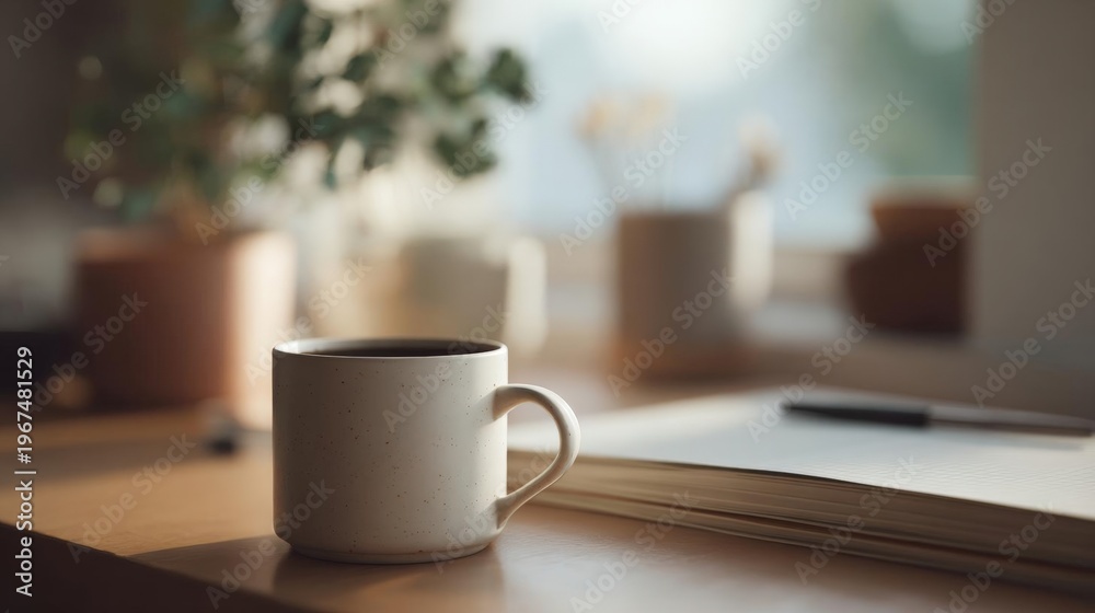 Fototapeta premium White ceramic mug with small speckles on it, sitting on a wooden desk. next to the mug, there is an open notebook with a pen resting on top.