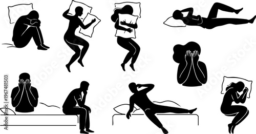 Depression and Mental Health Silhouette Set, Sad People, Anxiety, Loneliness, Insomnia Concept Vector Collection