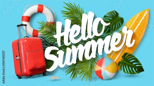 Bright Summer Scene With a Suitcase, Lifebuoy, Surfboard, and Beach Ball on a...